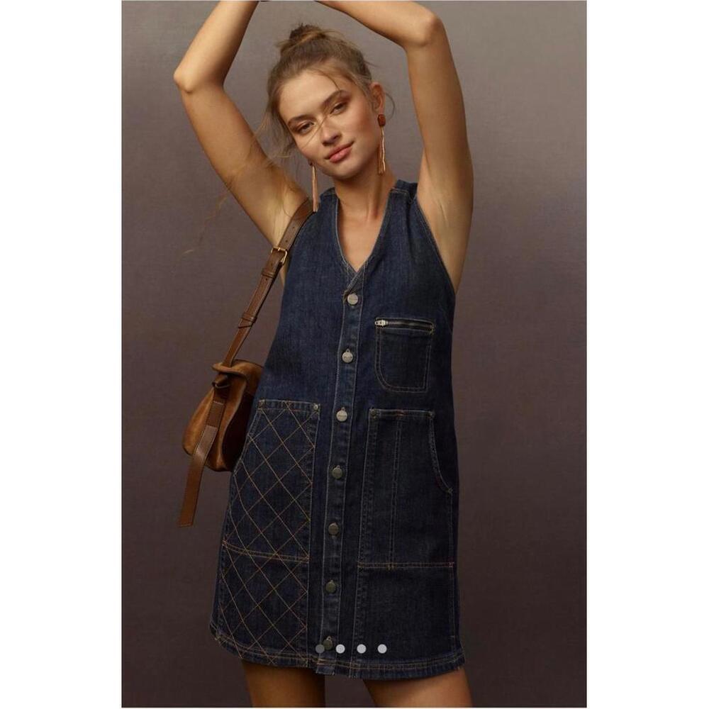 NWT Anthropologie Pilcro Dark Denim Button-Up Sleeveless Dress Patch Pockets L
